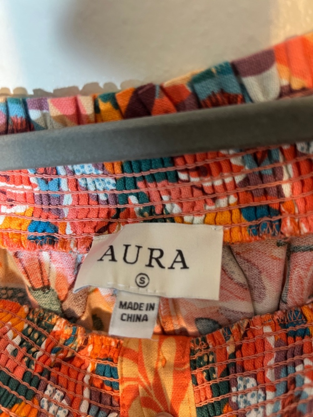 Aura Coral Aqua Multi-Print Off-Shoulder Puff Sleeve Maxi Linen Dress Tie S M - Picture 2 of 7